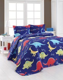 Покривало стьобане з наволочками Eponj Home Dinozorus mavi синій 200x220